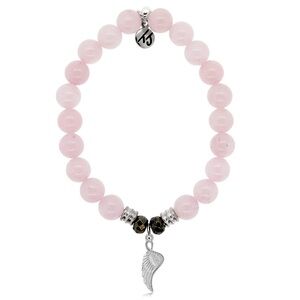 T. Jazelle Rose Quartz 8mm Stone Bracelet with Silver Angel Blessings Charm